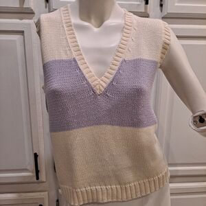 French Navy V-Neck Pullover Sweater Vest in Cream and Lavender Vintage 90s
